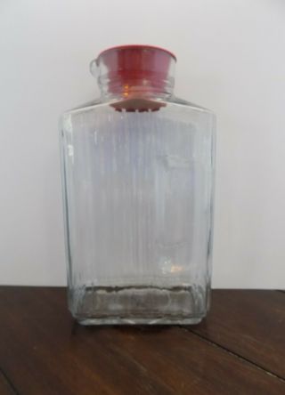 Vintage Anchor Hocking 2 Quart Ribbed Glass Water Juice Jar Bottle With Red Lid