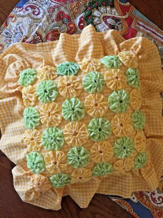 Vintage Hand Made Yoyo Penny Pillow All Gingham Yellow Green Ruffles Very