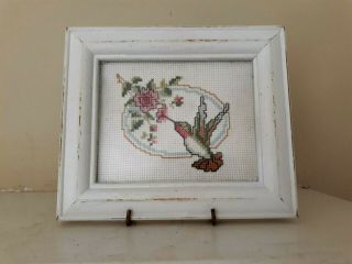 Vintage Hummingbird Cross Stitch Under Glass Wood Frame Cottage White Distressed