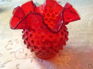 Vintage Unmarked Fenton Ruffled Hobnail Rose Bowl Vase 3 " X4 " Ruby Red