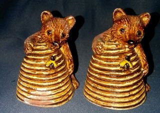 Vintage Chalkware Bear And Bee Hive Salt And Pepper Shakers Deadwood Souvenir