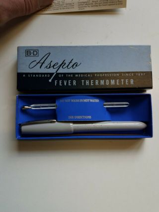 1953 Vintage Bd Asepto Glass Medical Fever Thermometer W/box Certified Cover