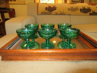 Vintage Green Depression Glass,  6 Sherbet Cups Bowls With Flower Design