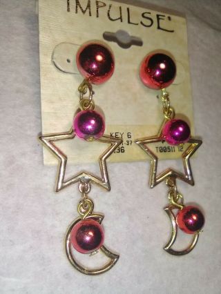 Vintage 80s Hot Pink Gold Moon & Star Dangle Earrings 80s