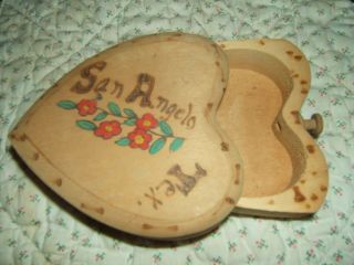 `VINTAGE WOODEN HEART BOX (WITH DRAWER) SOUVENIR SAN ANGELO TX - 1950s? 4.  25 X 5 