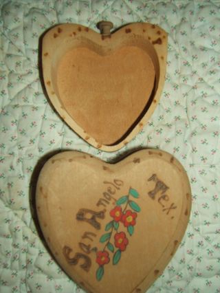 `VINTAGE WOODEN HEART BOX (WITH DRAWER) SOUVENIR SAN ANGELO TX - 1950s? 4.  25 X 5 