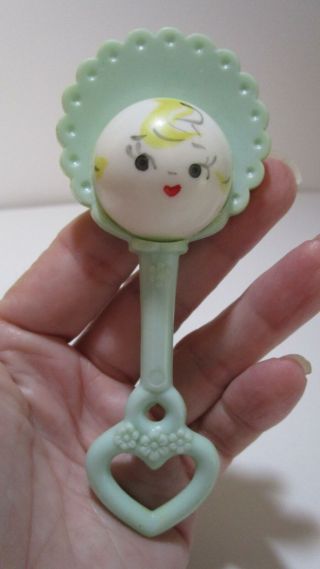 Vintage Baby Rattle Green Little Girl In Bonnet 4.  5 "