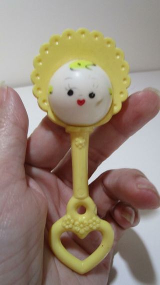 Vintage Baby Rattle Yellow Little Girl In Bonnet 4.  5 "