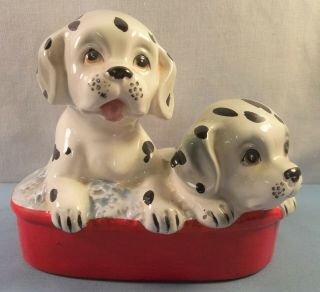 Vintage Japan Dalmatian Dog Statue - 2 Pups In A Basket