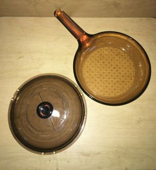 Vintage Corning Pyrex Vision Amber Glass 7 " Skillet Frying Pan With Handle & Lid