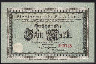 1918 10 Mark Germany Augsburg Vintage Emergency Wwi Money Banknote Notgeld Unc