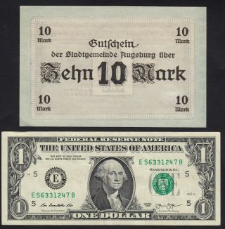 1918 10 Mark Germany Augsburg Vintage Emergency WWI Money Banknote Notgeld UNC 2