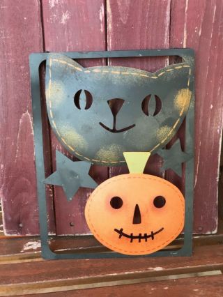 Vintage Metal Halloween Cat And Jack O Lantern Decoration,  Fall Decor