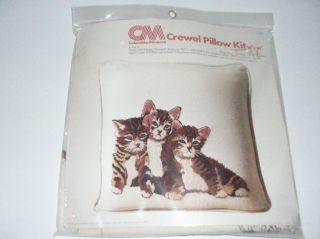 Vtg Columbia Minerva Crewel Three Kitties Pillow Kit By Erica Wilson - 7696 - 1976