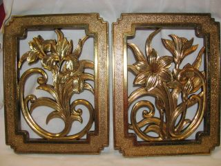 Vintage 1981 Syroco Gold Floral Lilies Wall Plaques 7622 A & B