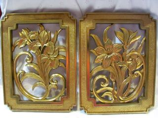 Vintage 1981 Syroco Gold Floral Lilies Wall Plaques 7622 A & B 2
