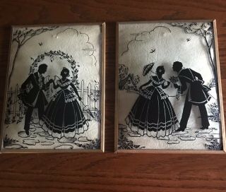 Vintage Silhouette Couple Courting,  Convex Glass Framed Plaques,  Set Of 2