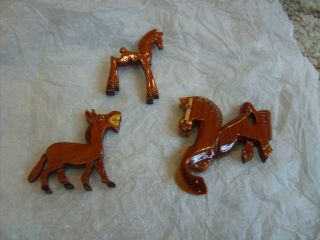 Vintage Hand Carved Wood Donkey & 2 Horses Pin,  Brooch
