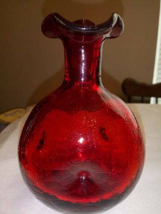 Vintage Blenko Crackle Glass Ruby Red Pinched Dimpled Vase