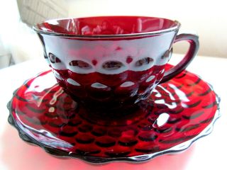 Vintage Ruby Red Bubble Glass Cup & Saucer,  Anchor Hocking