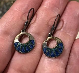 Vintage Mexican Sterling Silver Earrings With Blue/green Chips Round