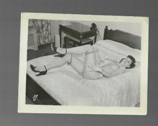 Vintage Risque Pinup Photo Woman Laying On Bed In Stockings & High Heels 1950s