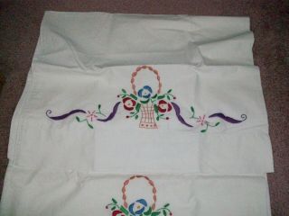 Pair Vintage hand embroidered pillow cases basket of flowers & ribbons 2