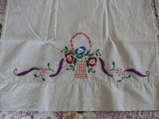 Pair Vintage hand embroidered pillow cases basket of flowers & ribbons 4