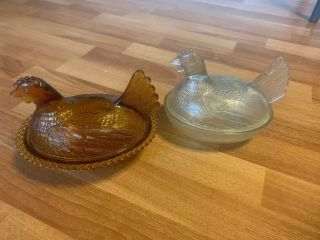Vintage 7 " Clear Indiana Glass Hen And Amber Hen Covered Candy Dish