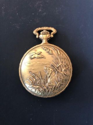 Vintage Geneva Pocket Watch Gold Tone Quartz Duck Hunting Scene Ornate Swiss