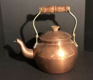 Vintage Copper Tea Kettle With Wooden Handle Vtg Teapot Wood Metal