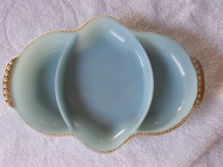 Vintage Turquoise Fire King Milk Glass Divided Relish Dish Gold Beaded Trim