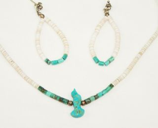 Vintage Native American Bird Pendant Necklace Earrings Set Puka Shell Turquoise