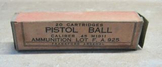 Vintage Ammunition Cartridge Box 45 Caliber Pistol Ball Frankford Arsenal.  Empty