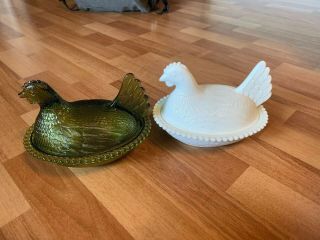 Vintage 7 " Milk White Indiana Glass Hen And Green Hen Covered Candy Dish