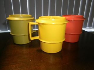 3 Vintage Tupperware Stacking Coffee Cup Mug 1312 Orange Green And Gold W/lids