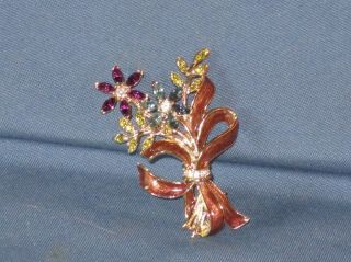 Vintage Signed Monet Gold - Tone Metal Rhinestone Enamel Flower Bouquet Pin Brooch