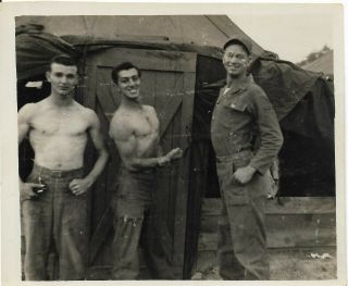 Vintage Photo Korea War Shirtless Soldiers Flex Muscles