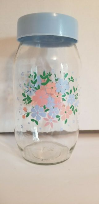 Vtg Carlton Glass Kitchen Canister Jar W/ Flower 2 Liter Blue Screw On Lid