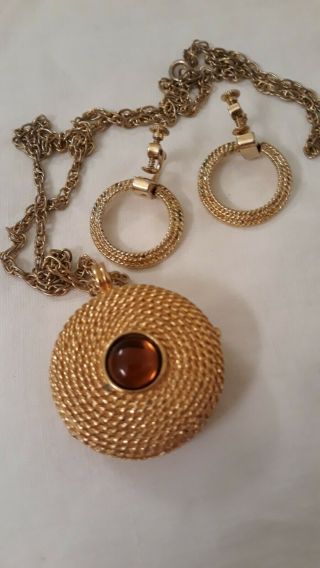 Vintage,  Gold Tone Meta Pendant Locket,  Signed Beeline,  Trifari Clip Earrings,