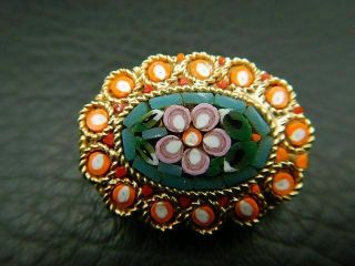 Vintage Brooch Pin Micro Mosaic W/ Purple Flower & Orange & White Circles