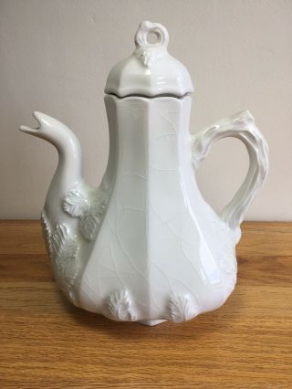 Vintage Red Cliff White Ironstone Coffee Pot Embossed Leaf Motif