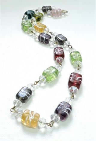 Vintage Multi Color With White Swirls Lampwork Art Glass Bead Necklace Jl19350