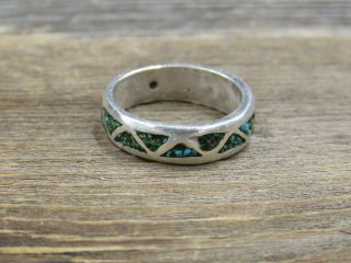 Vintage Navajo Sterling Silver Turquoise Chip Inlay Band Ring Sz 8.  25