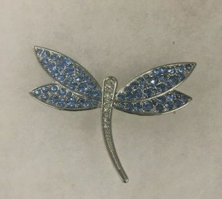 Vintage Jewelry Signed Monet Dragonfly Brooch Pin Blue & Clear Rhinestones