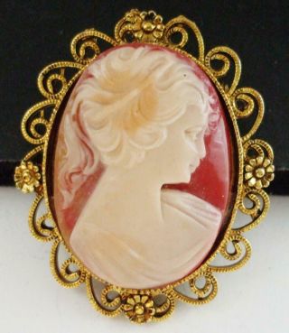 Pretty Vintage Cameo Lady Pin Brooch W/filigree Edges With Flower Design