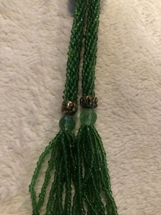 Vintage 1920s Flapper Sautoir Tassel Dark Green Glass Seed Bead Necklace