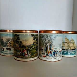 Set Of 4 Vintage Currier & Ives Tin Canisters With Lids By Decoware