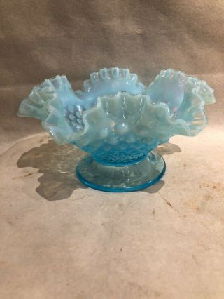 Vintage Fenton Blue Opalescent Pimple Hobnail Glass Ruffled Edge Pedestal Bowl