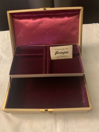 Vintage Farrington Jewelry Box 2 Tier Tan Floral 9.  5”x6.  5 " X3” Velvet Interior